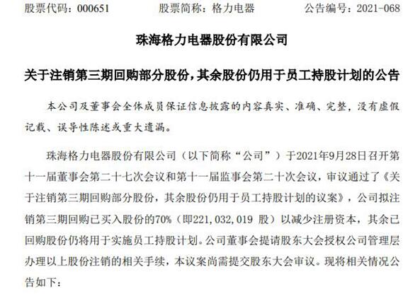 回購(gòu)已花近300億！格力電器將注銷2.2億股